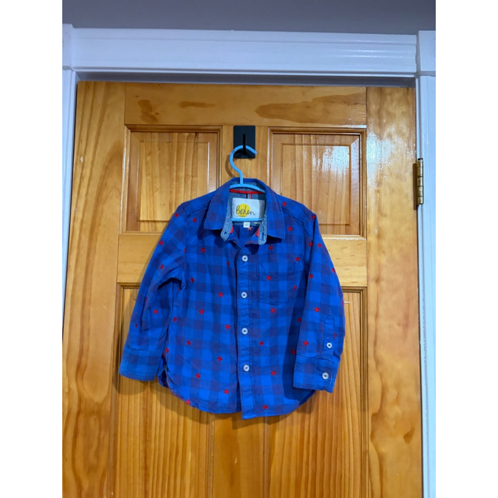 Boden Kids Button Down Shirt Blue Plaid Star Print Long Sleeve 3–4Y